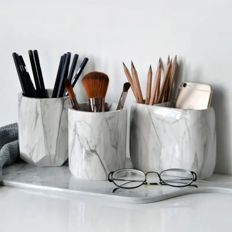 

Office Home Creative Pen Holder Makeup Brushes Vase Storage Box With Marble Grain Desk Container Tool
