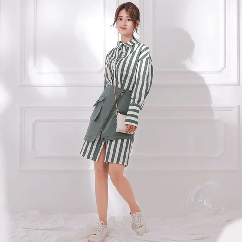 TWOTWINSTYLE Women's Sets Long Sleeve Striped Shirt Dress High Waist Mini Skirt Korean Fashion Two Piece Set Autumn New