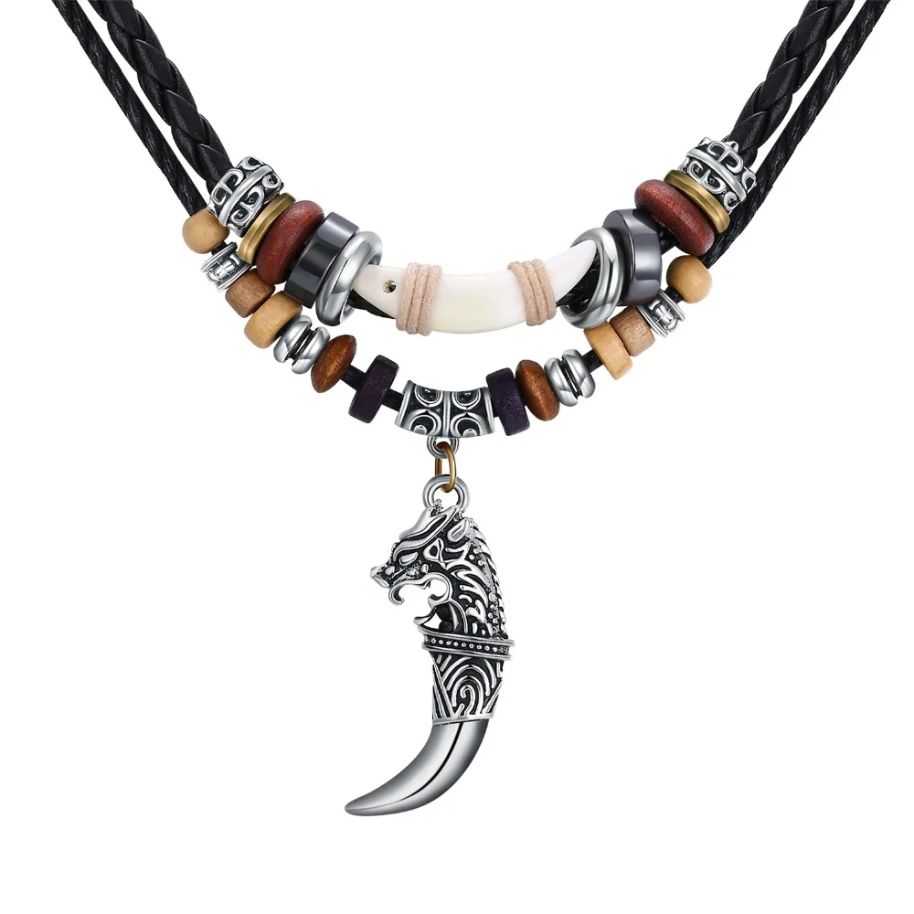 AMOURJOUX Rock Wolf Head Colored Beads Two Layers Braid Genuine Leather Chain Pendant Necklace For Women Men Long Sweater | Украшения и