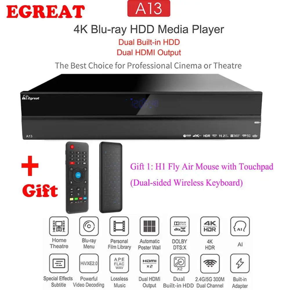 Высококлассный Egreat A13 4 K Ultra HD Smart медиаплеер Android tv Box BT4.0 2,4G/5G WiFi с 2x3,5 дюймов HDD лоток Dolby Atmos - Цвет: A13 add H1 Keyboard