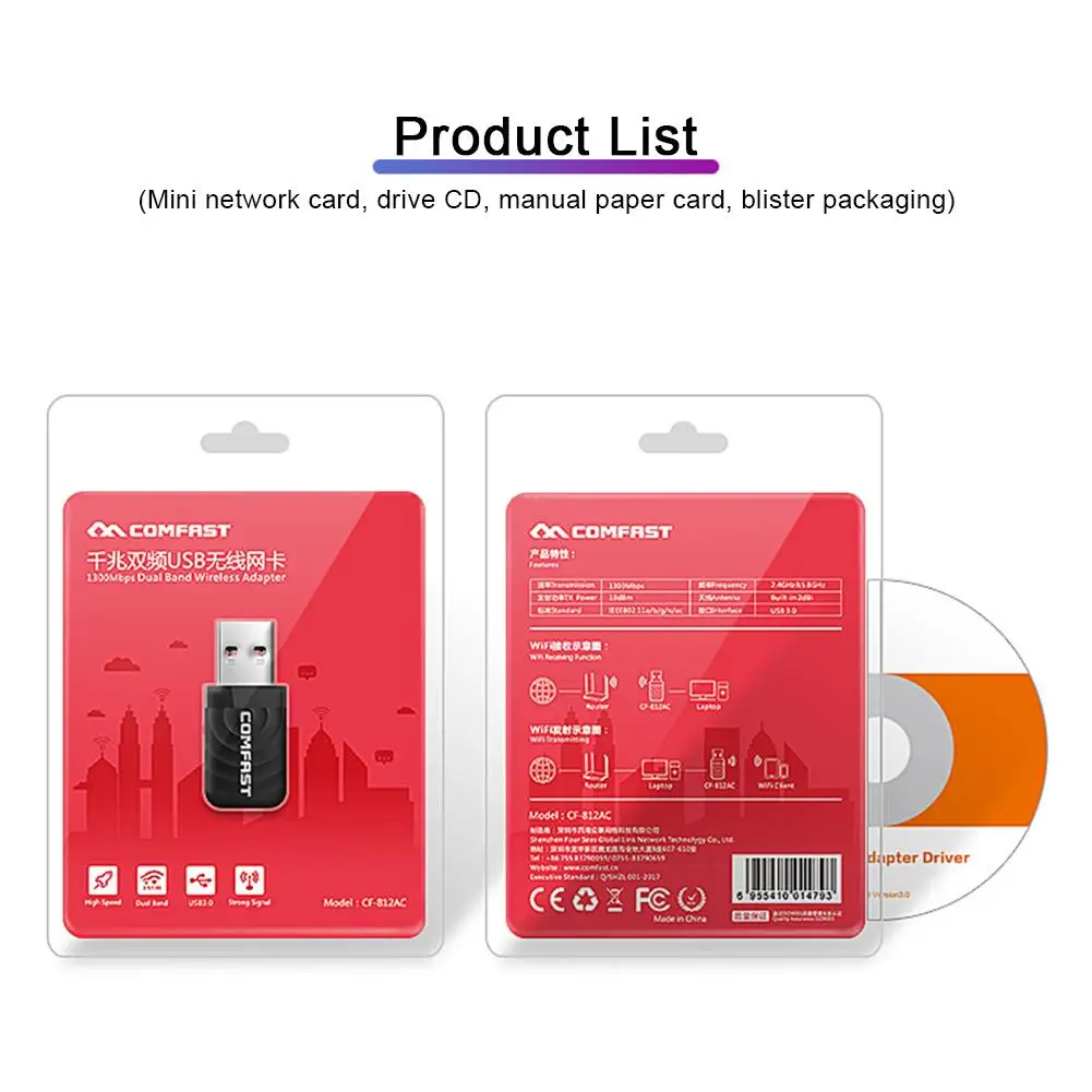 USB Mini 1300M беспроводной сетевой WiFi ключ гигабитный неограниченный приемник адаптер для ПК настольный ноутбук Mac 2,4G/5G 802,11 AC