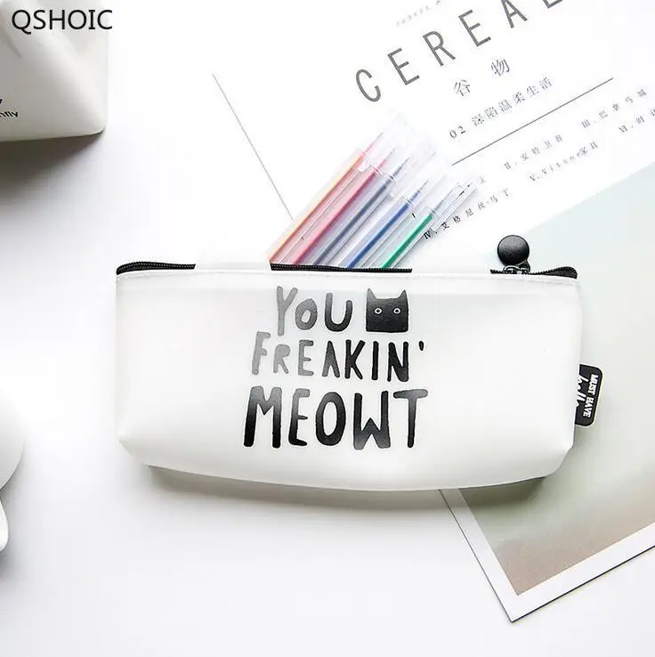 

12 Pcs/lot Simple Black & White Cat Silicone Pencil Case Stationery Storage Organizer Bag School Office Supply Escolar