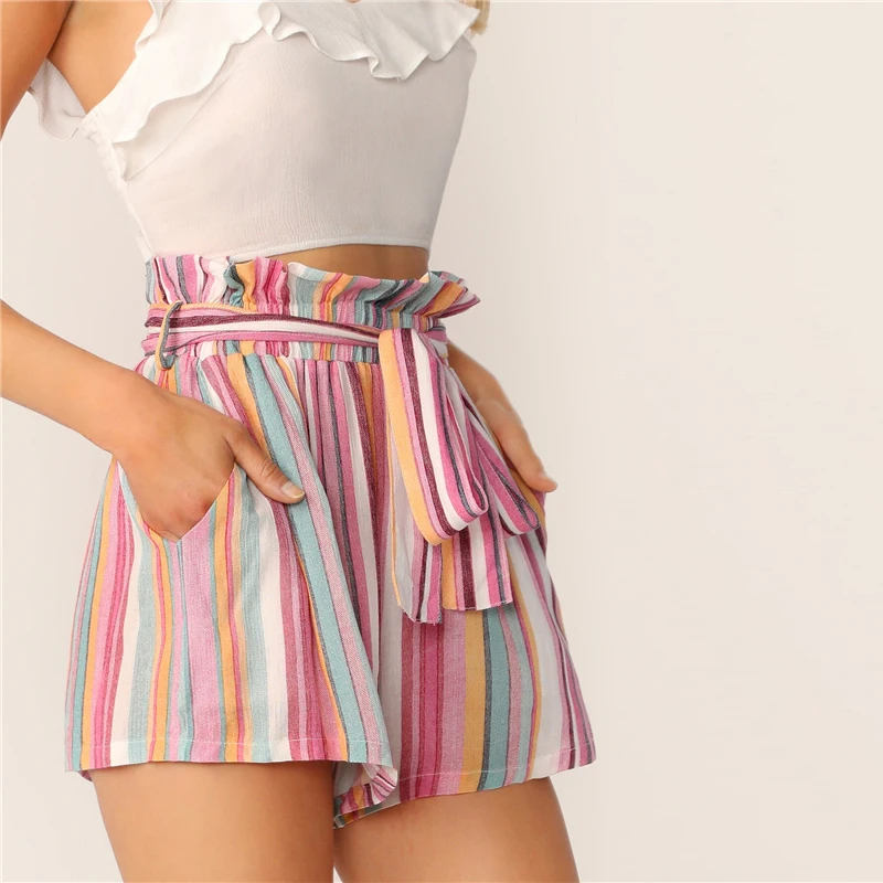 SHEIN Разноцветные полосатые шорты с поясом и карманами, шорты с высокой талией, женские повседневные шорты в стиле бохо