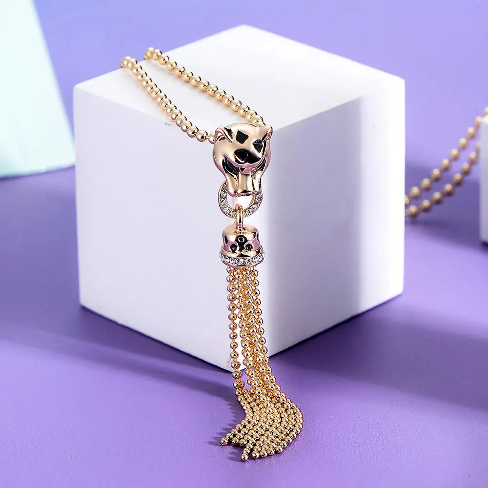 Qggle Ретро золото Цвет длинные Цепи для Для женщин горный хрусталь Leopard Цепочки и