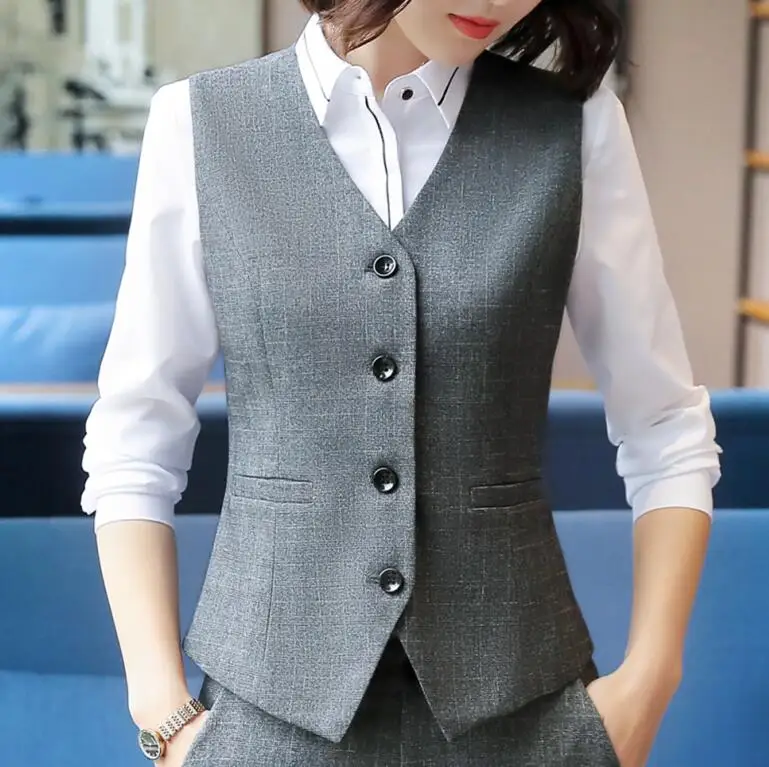 Gray Vest Новая мода деловой Тонкий серый клетчатый женский жилет OL Тонкий v-образный вырез формальный офисный женский жилет пальто размера плюс Рабочая одежда Униформа - Цвет: Gray Vest