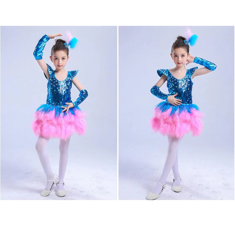 Blue Pink New kids ballroom dress dance costumes Girls Sequined jazz hip hop dancing For Child Stage Party Outfits | Тематическая