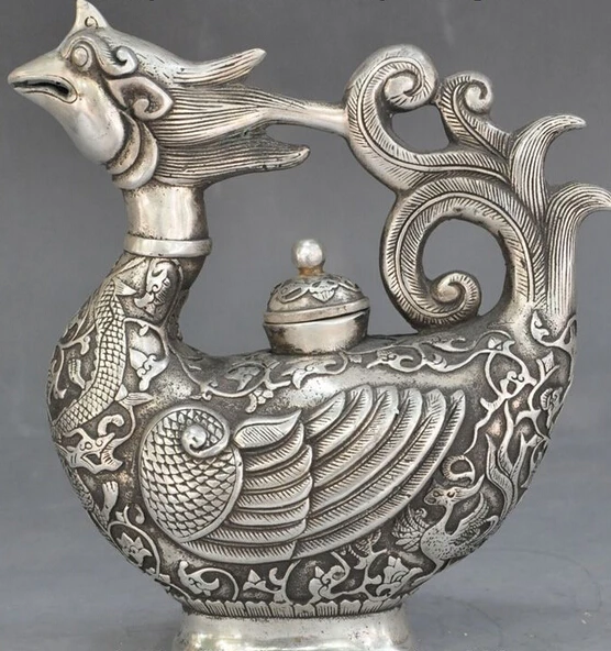 

decoration bronze factory outlets Tibet Silver 8"old Chinese fengshui silver dragon phoenix bird statue Wine TeaPot Flagon pot