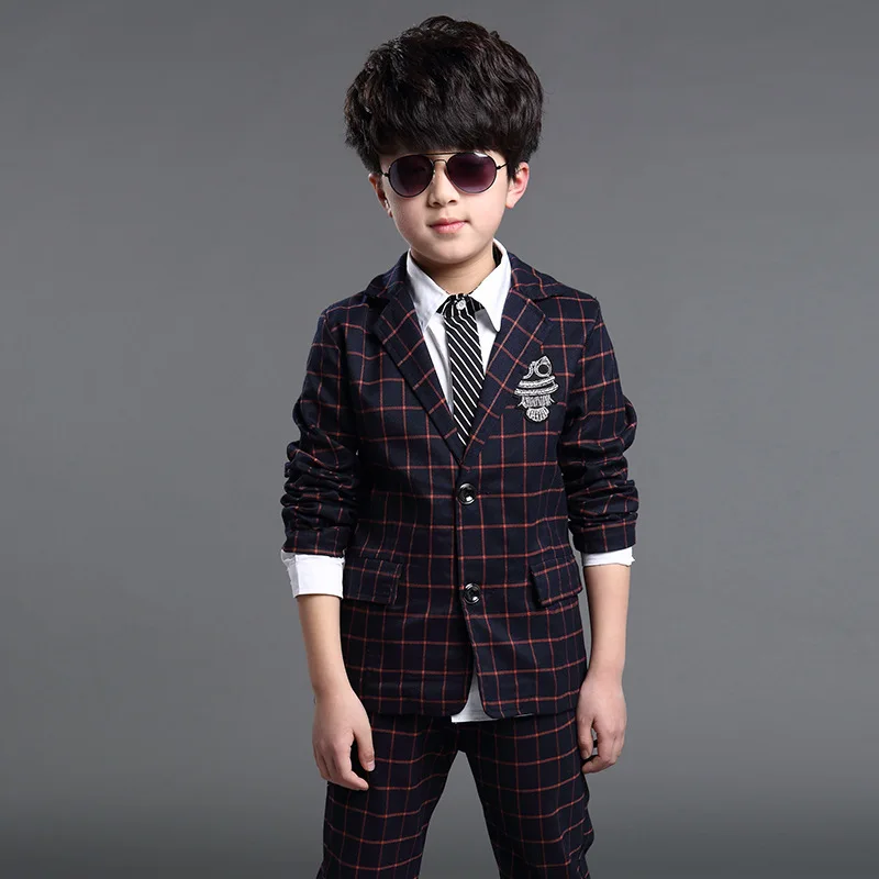 

Gentlemen Boys Clothing Sets Wedding Boys Clothes Plaid Blazers Sets Owl Armband Big Boys Clothes Sets Top Jackets + Pants 2PCS