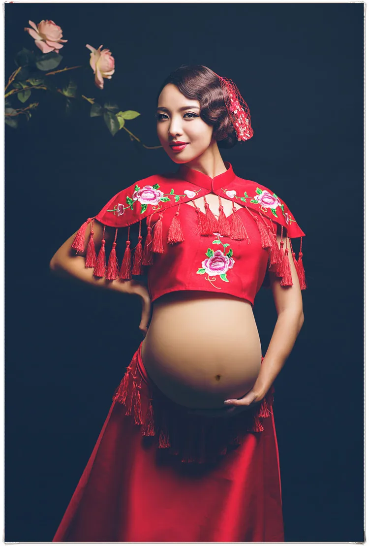 

Maternity Chinese style Gown Size Stretch red Maternity Dress for Shoot Split Front Photo Props Baby Shower Gift Dresses