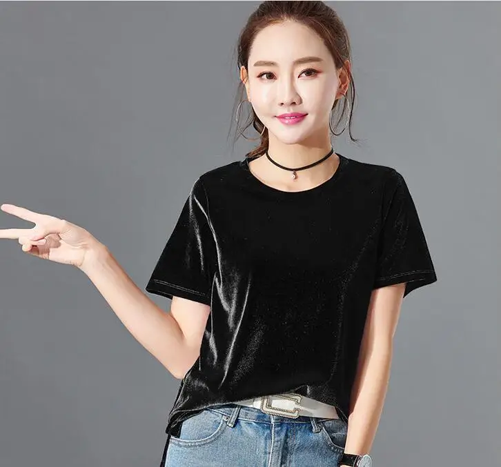 2022 Summer Gold Velvet Crop Tops Women T Shirt Fashion O-neck Short Sleeve T-shirt Ladies Casual Velour Tees | Женская одежда