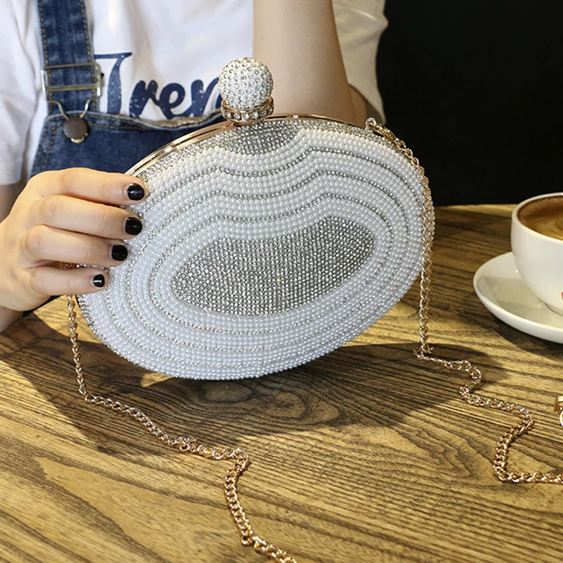 

LYKANEFU Luxury Beading Pearl Women Evening Bags Metallic Frame Day Clutches Chain Shoulder Hand Bags For Party Wedding Hand Bag