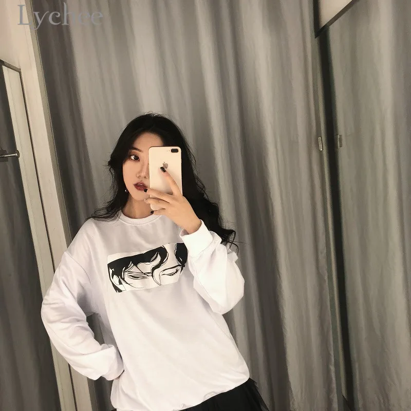 

Lychee Harajuku Cartoon Character Eyes Print Women Sweatshirt O-Neck Long Sleeve Autumn Casual Loose Female Pullovers