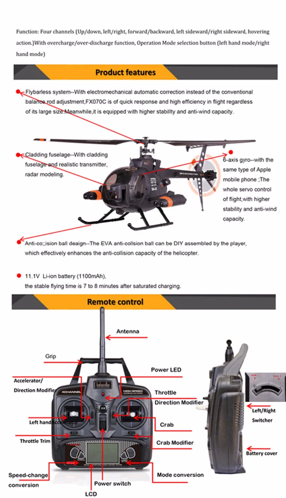 FX070C 2,4G 4CH 6-Axis Gyro Flybarless MD500 масштаба р/у вертолет со стальным корпусом и передатчик