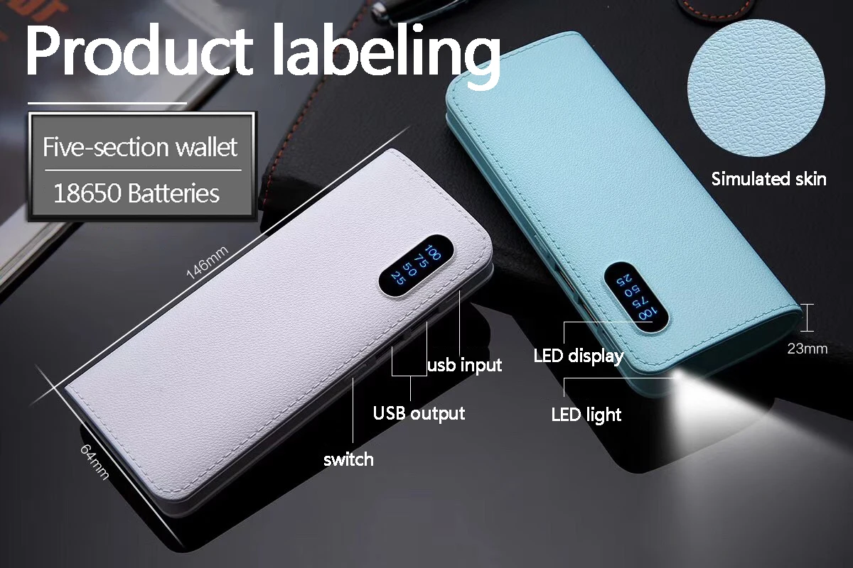 Power Bank 10000 mAh кожаный двойной USB Мобильный мощный светодиодный фонарик мощная
