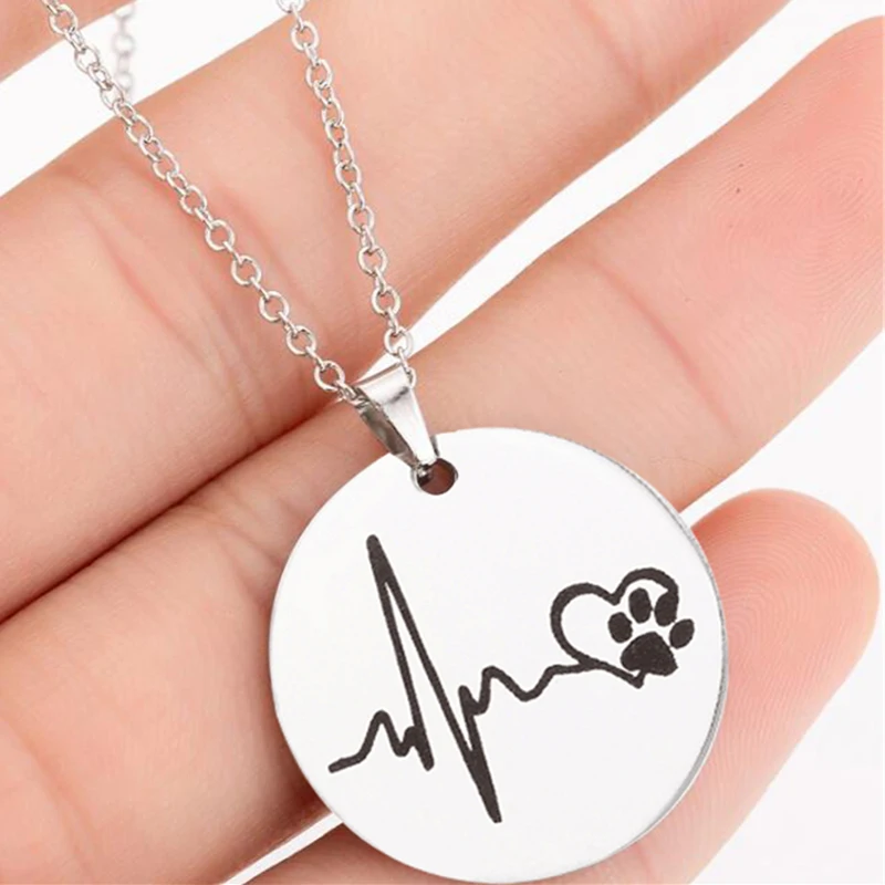 Yiustar Tiny Round Shape Electrocardiogram Necklace Boys Girls Love Stainless Steel Pet Paw Necklaces Women Accessories | Украшения и