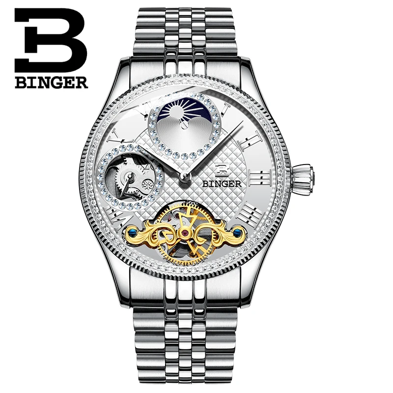Moon Phase Automatic Wristwatches BINGER Men Mechanical Watch Tourbillon Clock relogio masculino Luxury Rhinestones waterproof|rhinestone