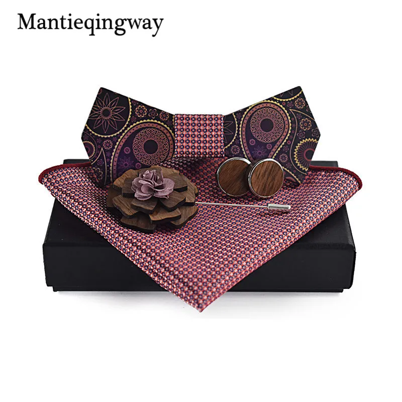 Mantieqingway деревянная бабочка+ носовой платок+ брошь+ Запонки Наборы для мужского костюма деревянный галстук-бабочка галстук банты свадебные галстуки