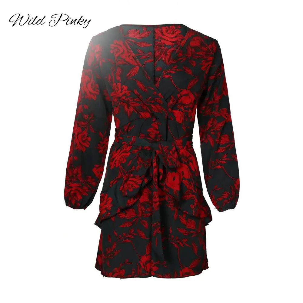 

WildPinky Print Dresses Female V Neck Long Sleeve Tie Up Mini Ruffles Dress Women 2020 Spring Casual Fashion Clothes Vestidos