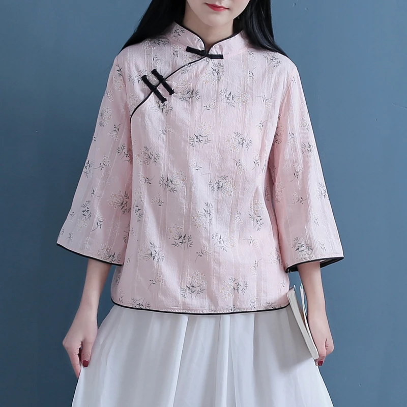 summer Vintage Chinese style jacquard Knot Button female shirt blouse mori girl |