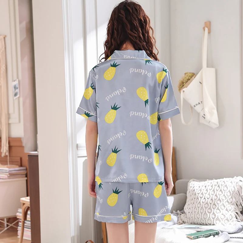 Sleep Lounge Button Pajama Set Sexy Satin Sleepwear Women Summer Pyjama Femme Fashion Fruit Pineapple Pajamas for | Женская одежда