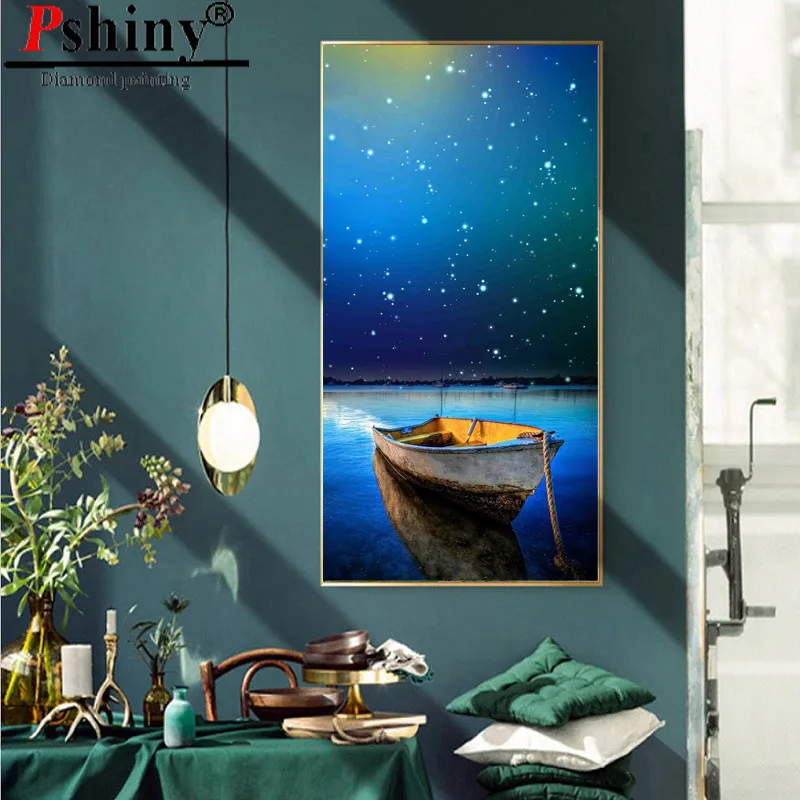 PSHINY DIY 5D алмазная вышивка распродажа звезды лодка пейзаж картины из кристаллов