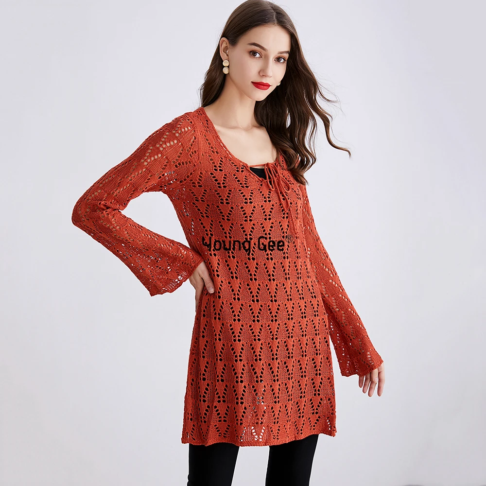 Young Gee Sweaters Women Casual Knitted Long Flare Sleeve Tops Crochet Floral Female High Street Chic Lace Up Pullover Jumper | Женская