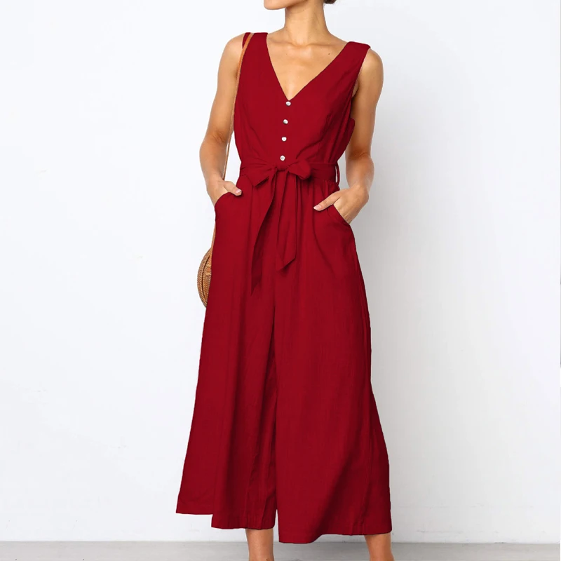 Женский комбинезон с высокой талией Свободный Длинный v-образным вырезом и в