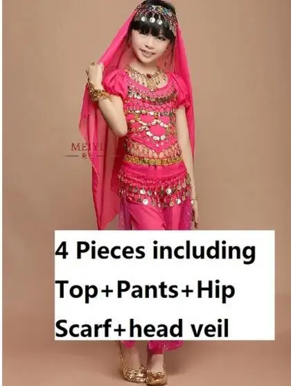 Hot pink 4 pieces Детский набор костюма для танца живота Дети танец живота девушки Болливуд индийские костюмы для выступлений - Цвет: Hot pink 4 pieces
