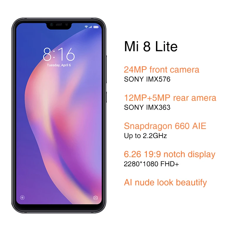 Глобальная ПЗУ Xiaomi mi 8 Lite 4 Гб 128 ГБ Восьмиядерный процессор Snapdragon 660 AIE 6 26 дюйма 1080P