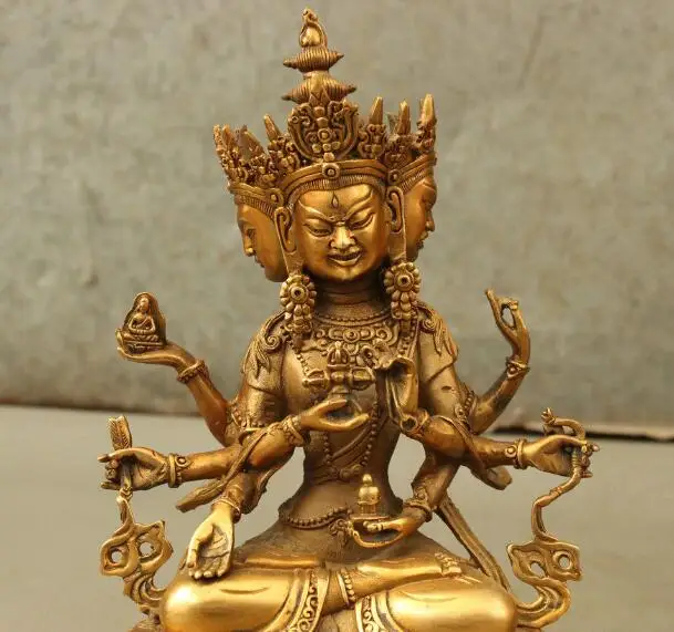 S02000 9 &quotТибет Старая Бронза свинка 3 головы 8 Arms Namgyalma &amp Ushnishavijaya статуя Будды (B0328) -