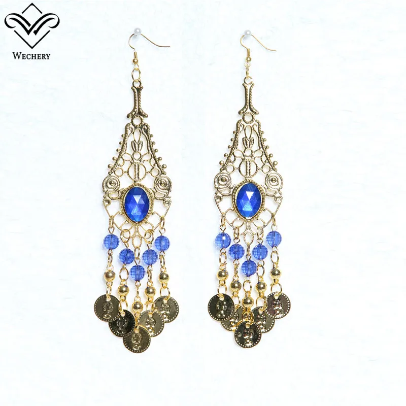 blue earings Wechery женские индийские ювелирные изделия Роскошные танец живота одежда ювелирные изделия золотые серьги ожерелье Браслеты, головные уборы обувь Болливуд - Цвет: blue earings