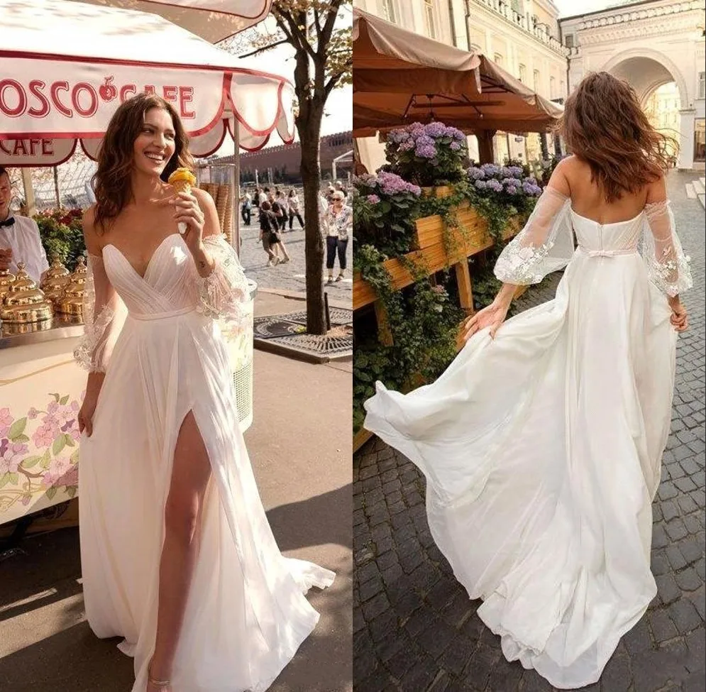 

New Arrival Beach Wedding Dresses 2020 Sweetheart Lace Bohemian Wedding Dress With Detachable Sleeves Split Boho Bridal Gown