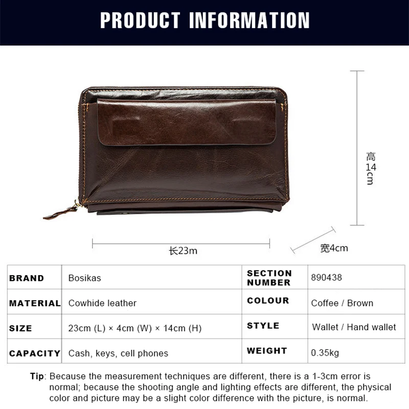 BOSIKAS мужской кожаный клип для денег на молнии длинный телефон кошелек из