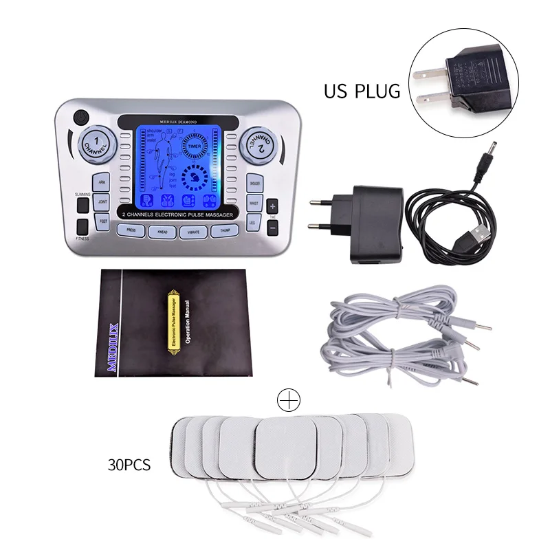 US Plug 30Pcs Обезболивающий импульсный массажер Ems Электрический мышечный Стимулятор Tens иглоукалывание низкочастотная физиотерапевтическая машина жиросжигатель - Цвет: US Plug 30Pcs