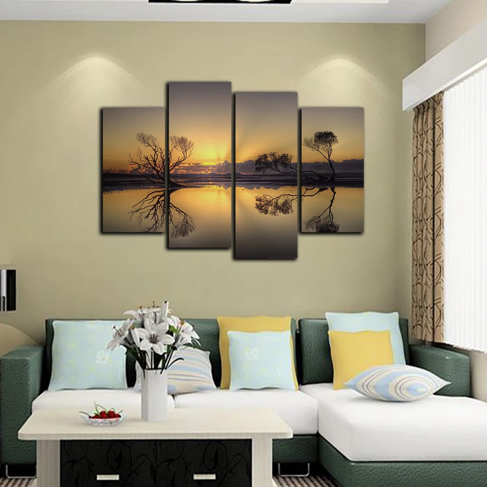 4 sets HD canvas prints Sunset seaside view unframed painting wall fine art for decor | Дом и сад
