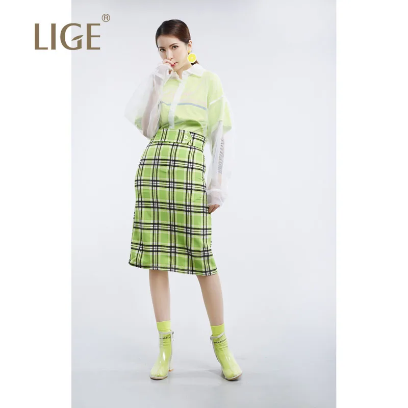 Шифоновая клетчатая Женская юбка с высокой твист зеленого цвета средней длины до