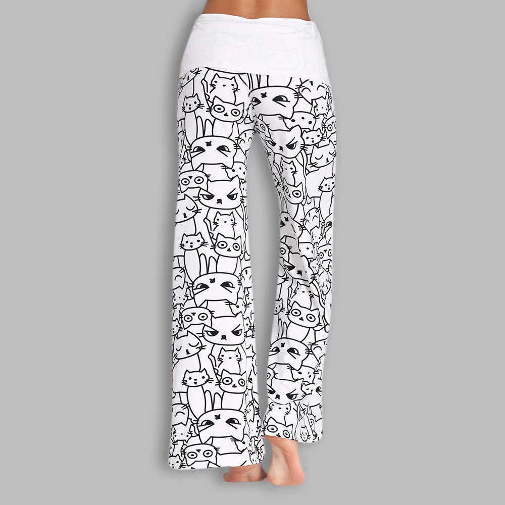 

Feitong New Women Cat Prints Drawstring Casual Fashion Polyester Full Length Loose Flared Trousers Spodnie Dresowe Damskie