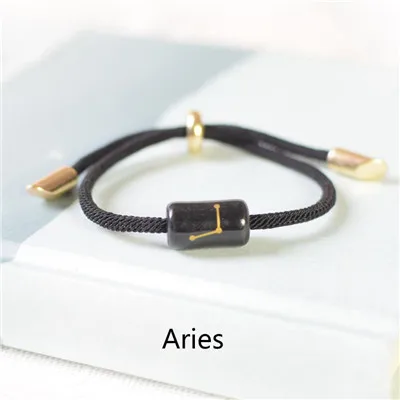 Black - Aries Счастливая веревка, браслет-цепочка для женщин и мужчин, керамика, гравировка, 12 созвездий, очаровательные браслеты, модные ювелирные изделия, браслеты и браслеты - Окраска металла: Black - Aries