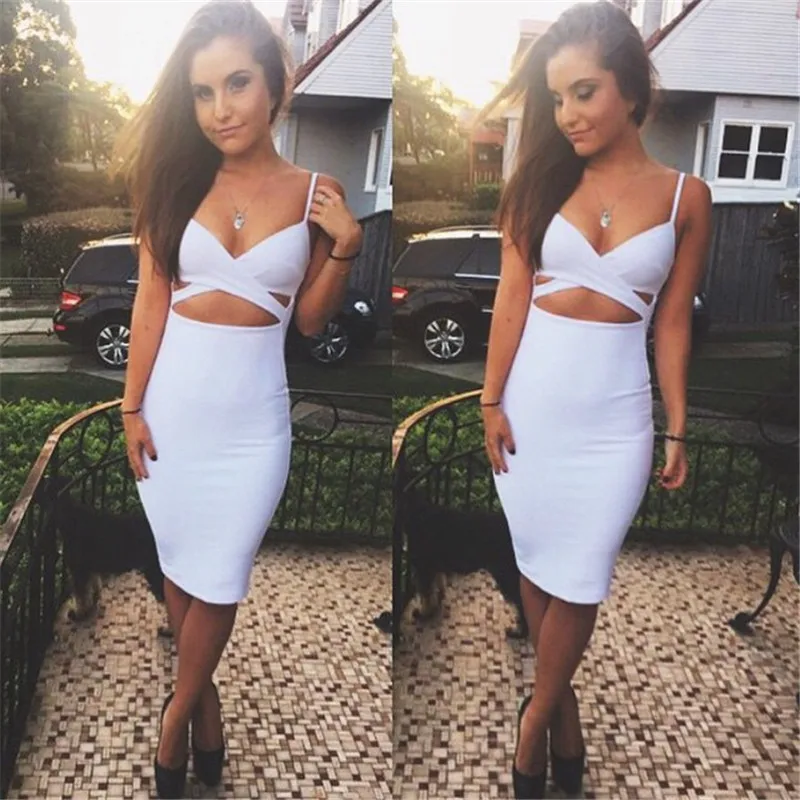 Diwish Bodycon Dress Women 2019 Spaghetti Strap Midi V-Neck Sexy Cut Out White Black Party Dresses Evening Clubwear | Женская одежда