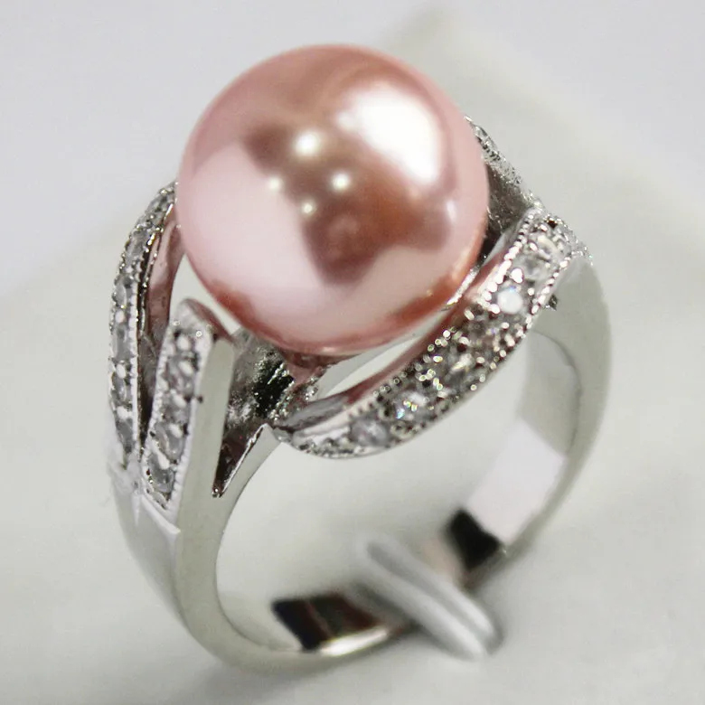 

2017 New Style Pink 12MM Bead silver-color Inlay CZ South Sea Shell Pearl Gift Fashion Rings For Women