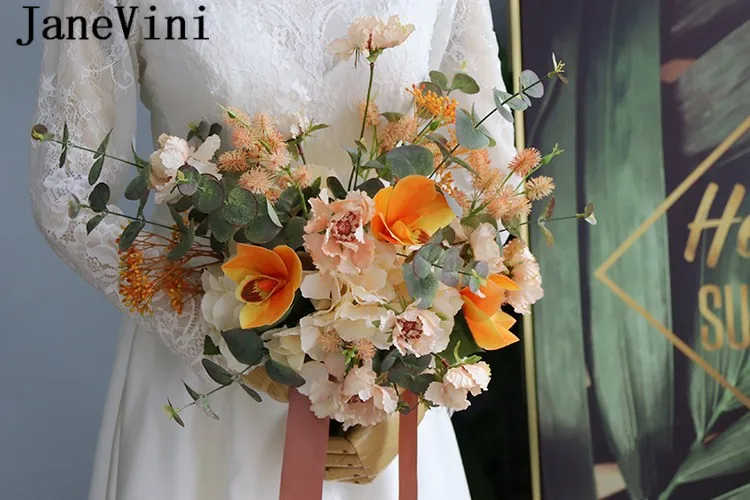 JaneVini 2019 оранжевые свадебные букеты для подружек невесты Cymbidium Eucalyptus Свадебный