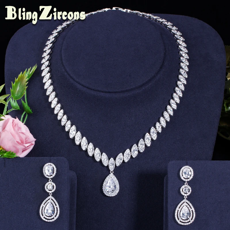 

BeaQueen Luxury Big Cubic Zirconia Water Drop Stone Long Dangle Weddind Earrings and Necklace Bridal Jewelry Sets JS164