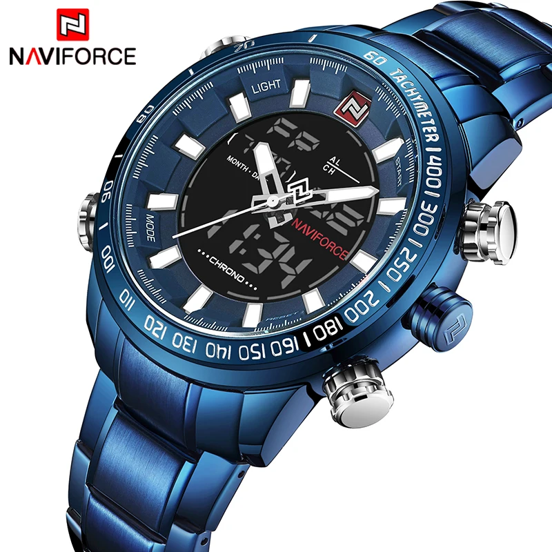 Новые мужские часы NAVIFORCE 9093, роскошные Брендовые мужские полностью стальные Водонепроницаемые Синие кварцевые часы, мужские спортивные светодиодный аналоговые цифровые часы