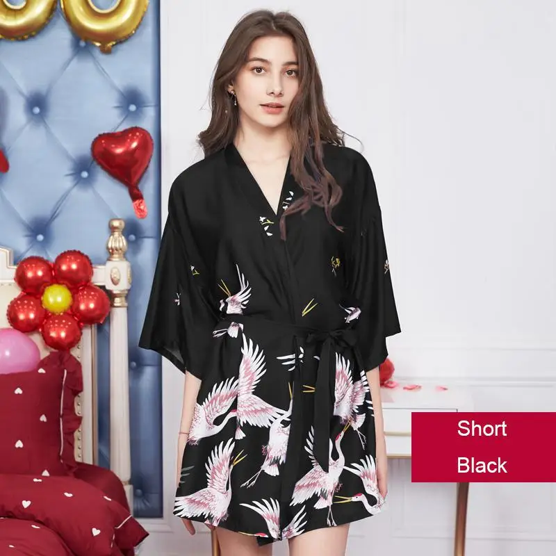Short Black Сексуальный женский халат с принтом животных, Атласный халат из вискозы, женское кимоно, Пижама для гейши, свадебное Ночное белье для невесты, халаты для невесты - Цвет: Short Black