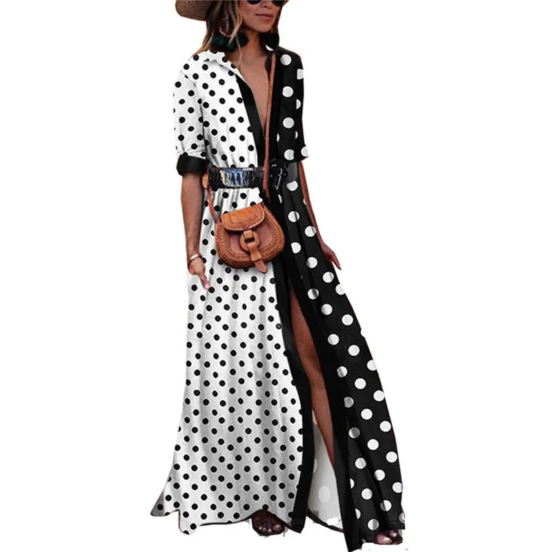 Модное женское платье в горошек с v образным вырезом асимметричное пляжное