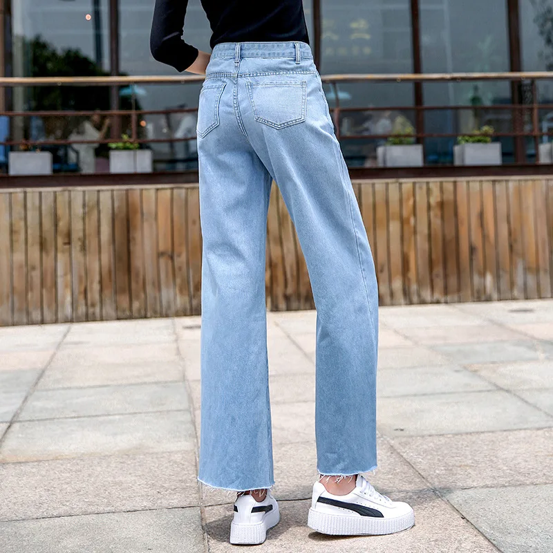 Xisteps 2020 New Arrival Women Autumn High Waist No Stretch Loose Jeans Girl Fall Wide Leg Straight Long Trousers Plus Size
