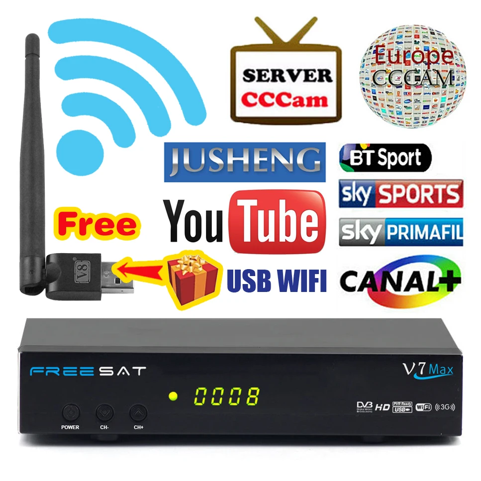Freesat V7 Max DVB S2 Спутниковые антенны powervu автоматический roll Biss ключ Поддержка YouTube CCcam
