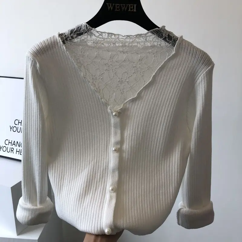 ALPHALMODA Sexy Lace Patchwork Sweater Single Breasted Slim Women Sweet Jumper V-neck Graceful Fall Winter Knitted Top | Женская одежда