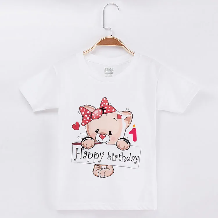 Детская футболка белые От 1 до 13 лет с днем рождения Kawaii Bear хлопковые короткие детские футболки топы для девочек, одежда для маленьких мальчиков, футболка - Цвет: White 1Y