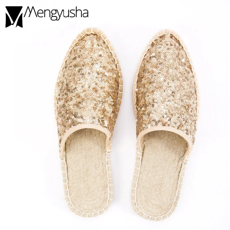 Блестящие тапочки черного/золотого цвета женские соломенное вязание сандалии